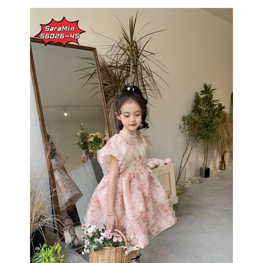 Đầm váy babydoll tay phồng cho bé gái màu hồng diện đi chơi đi học du lịch đẹp size 12-35kg hàng thiết kế