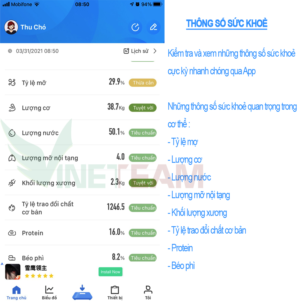 Vinetteam Cân Sức Khoẻ Điện Tử Thông Minh Supscale Phân Tích Chỉ Số Cơ Thể Mặt Kính Cường Lực Hình Vuông Bền Chắc Độ Chính Xác Cao Tặng Kèm 2 Pin - Hàng Chính Hãng