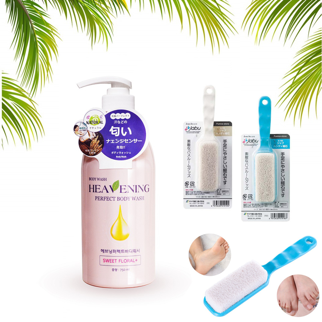 Combo chai sữa tắm dưỡng ẩm, làm trắng da Heavening Perfect ( Hàn Quốc ) + bàn chà gót chân