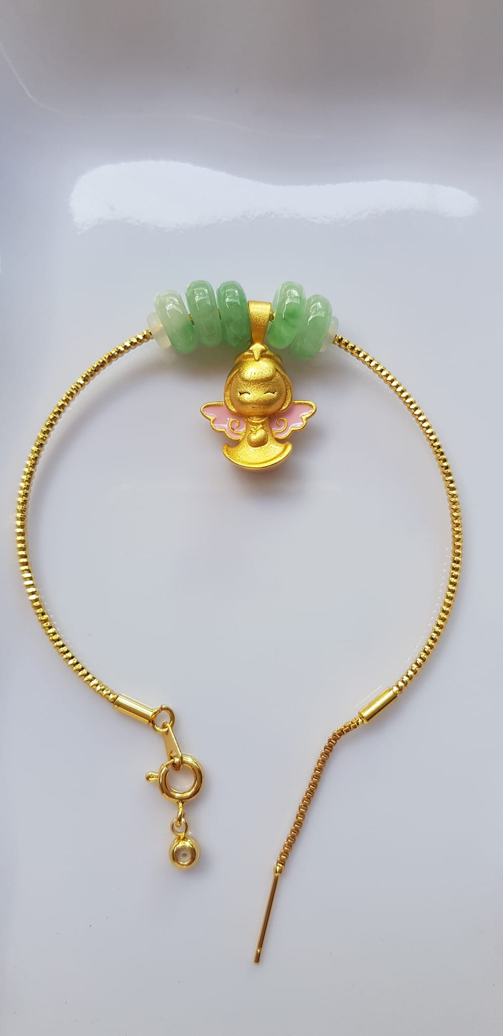Vòng Tay charm xinh đẹp 5 đồng tiền đá cẩm thạch tự nhiên Vòng phối charm hình bé thiên thần vòng màu vàng khoen rút xinh Nữ đeo dễ thương ạ