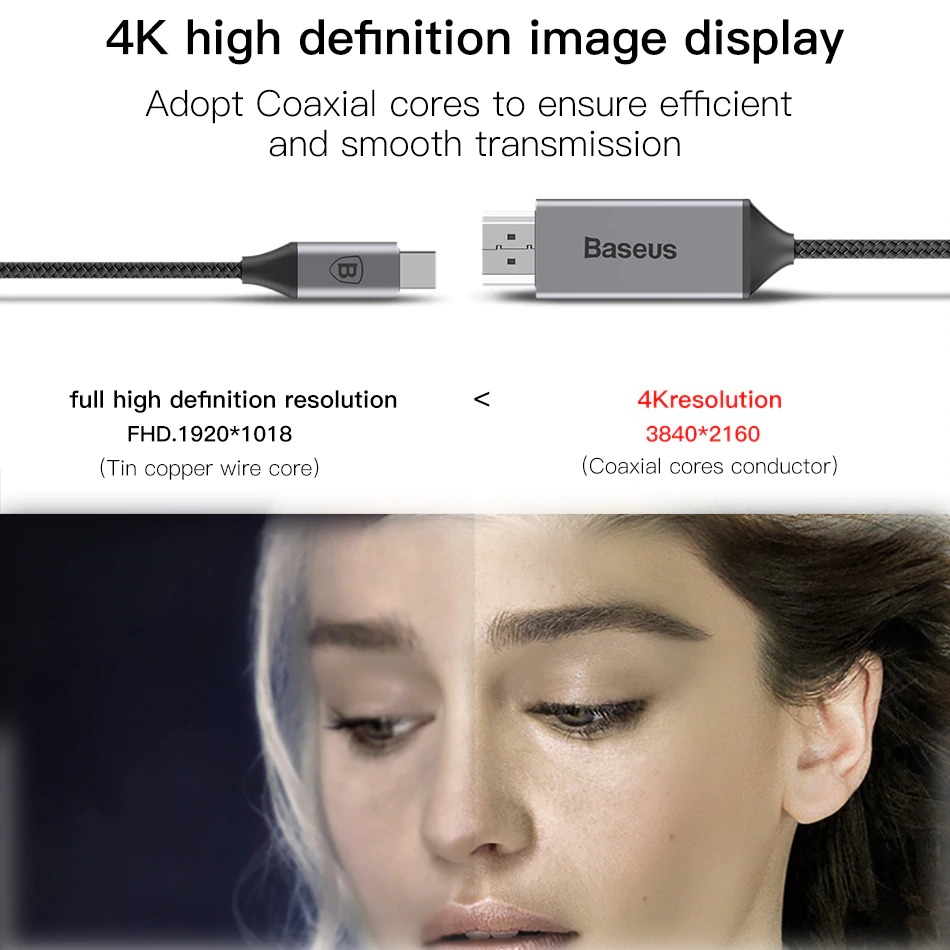 Cáp chuyển USB Type C sang HDMI Baseus hỗ trợ xuất Video 4K - 60Hz từ Smartphone ra TV (1.8m) - Hàng chính hãng