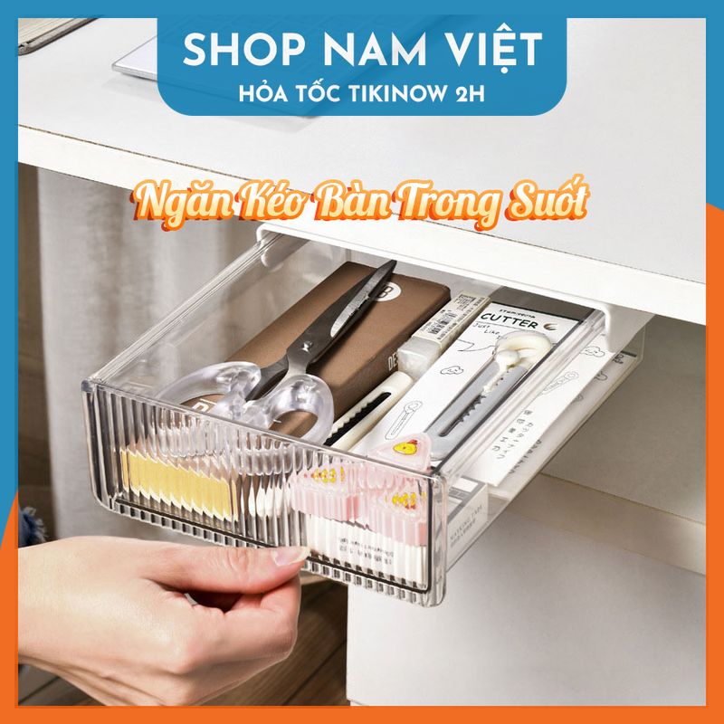 Ngăn Kéo Dưới Bàn Làm Việc Trong Suốt - Hộp Nhựa Để Đồ Dán Dưới Bàn (Kèm Miếng Dán)