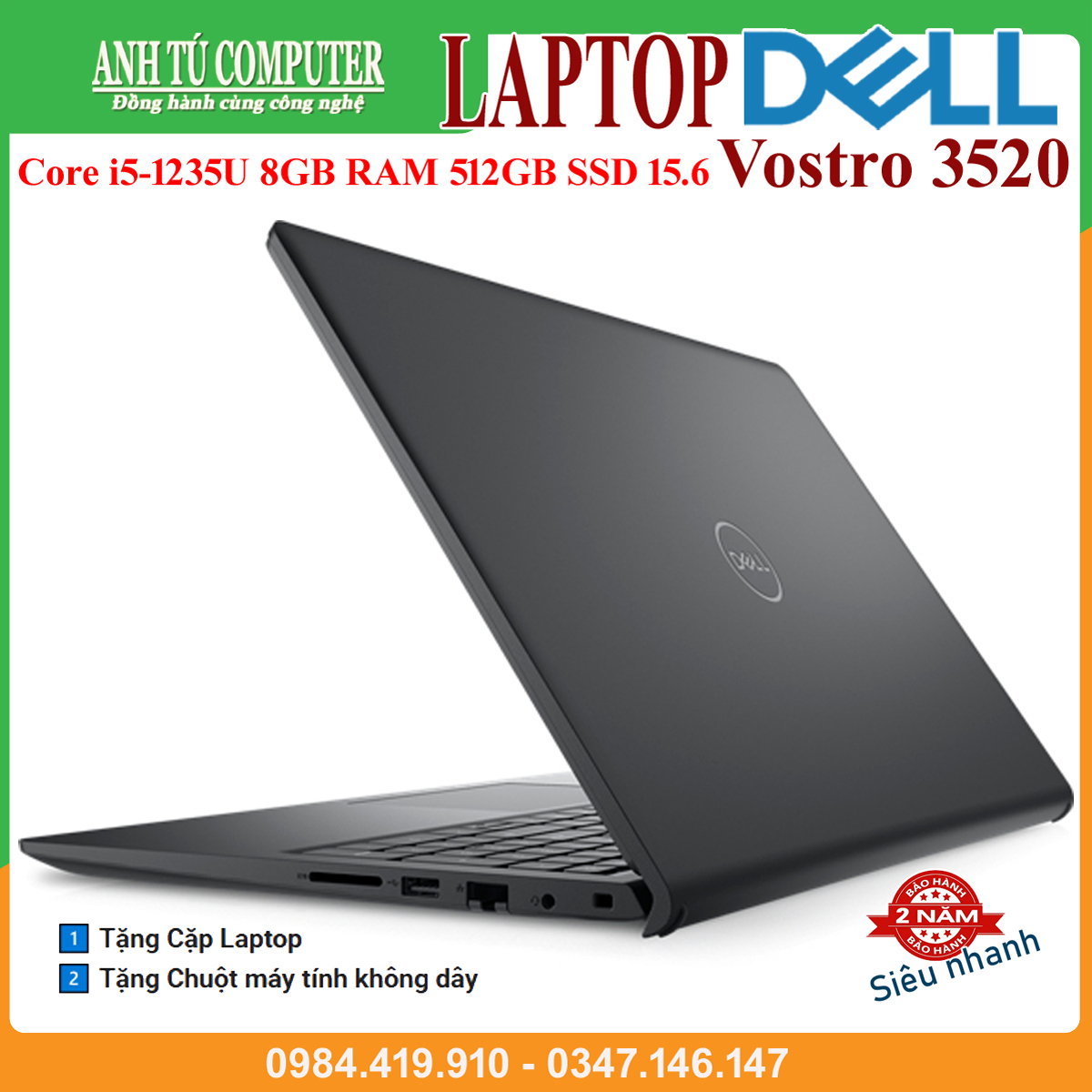 Laptop Dell Vostro 3520 Core i5-1235U 8GB RAM 512GB SSD 15.6″ FHD Black Hàng chính hãng