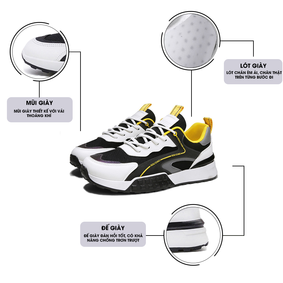 Giày Thể Thao Nam GEMI - Giày Sneaker Màu Trắng Viền Đen - Đen Viền Trắng, Giày Thể Thao Vải Lưới Trên, Kết Hợp Màu Trắng, Mũi Giày Tròn - G5115
