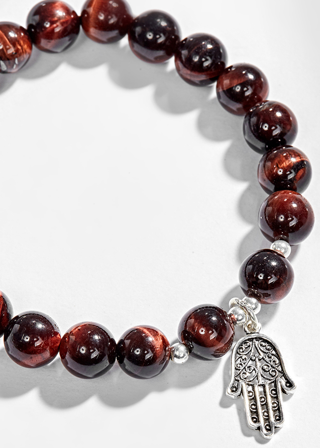 Vòng Tay Đá Mắt Hổ Nâu Đỏ Phối Bàn Tay Hamsa Bạc Ngọc Quý Gemstones
