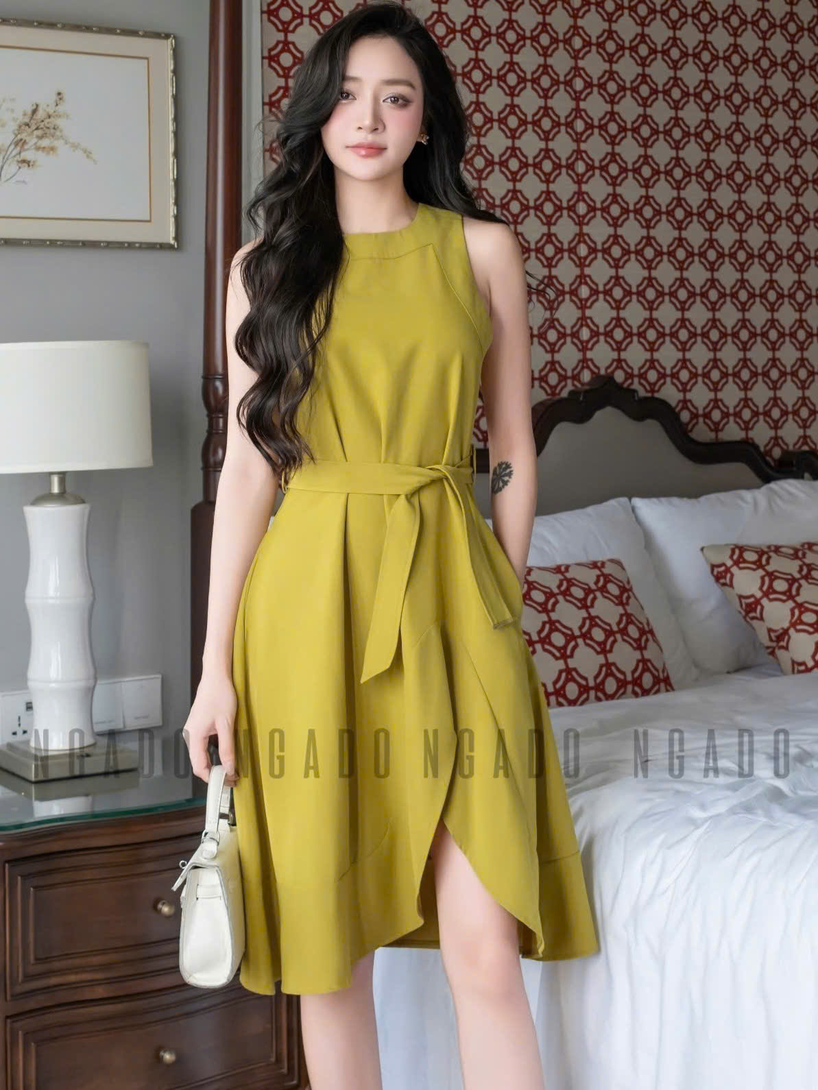 Đầm xanh bơ sát nách NGADO , đầm Nữ , đầm ngắn , đầm dự tiệc