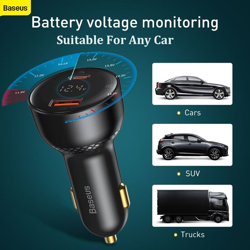 Tẩu sạc Baseus hai cổng Type-C và USB, công suất 100W sạc nhanh cho laptop, điện thoại,...-Hàng chính hãng