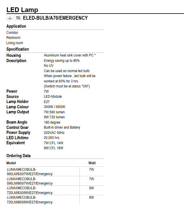 BÓNG ĐÈN LUMAX EMERGENCY - XX THÁI LAN - PIN SẠC DỰ PHÒNG KHI CÚP ĐIỆN