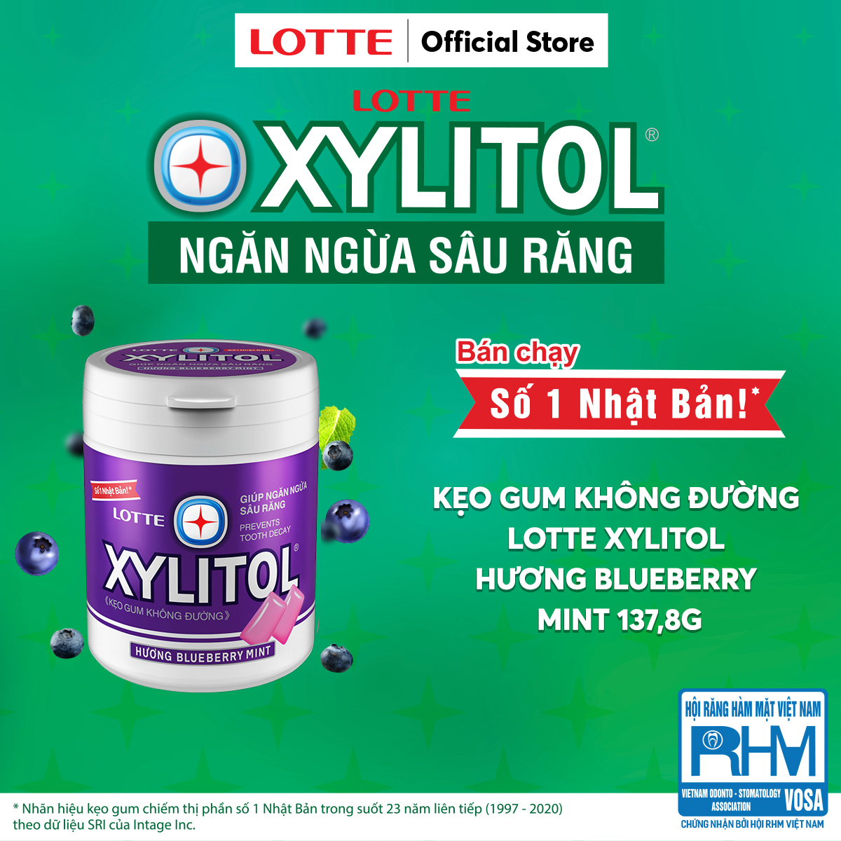 Kẹo Gum không đường Lotte Xylitol - Hương Blueberry Mint 130,5 g