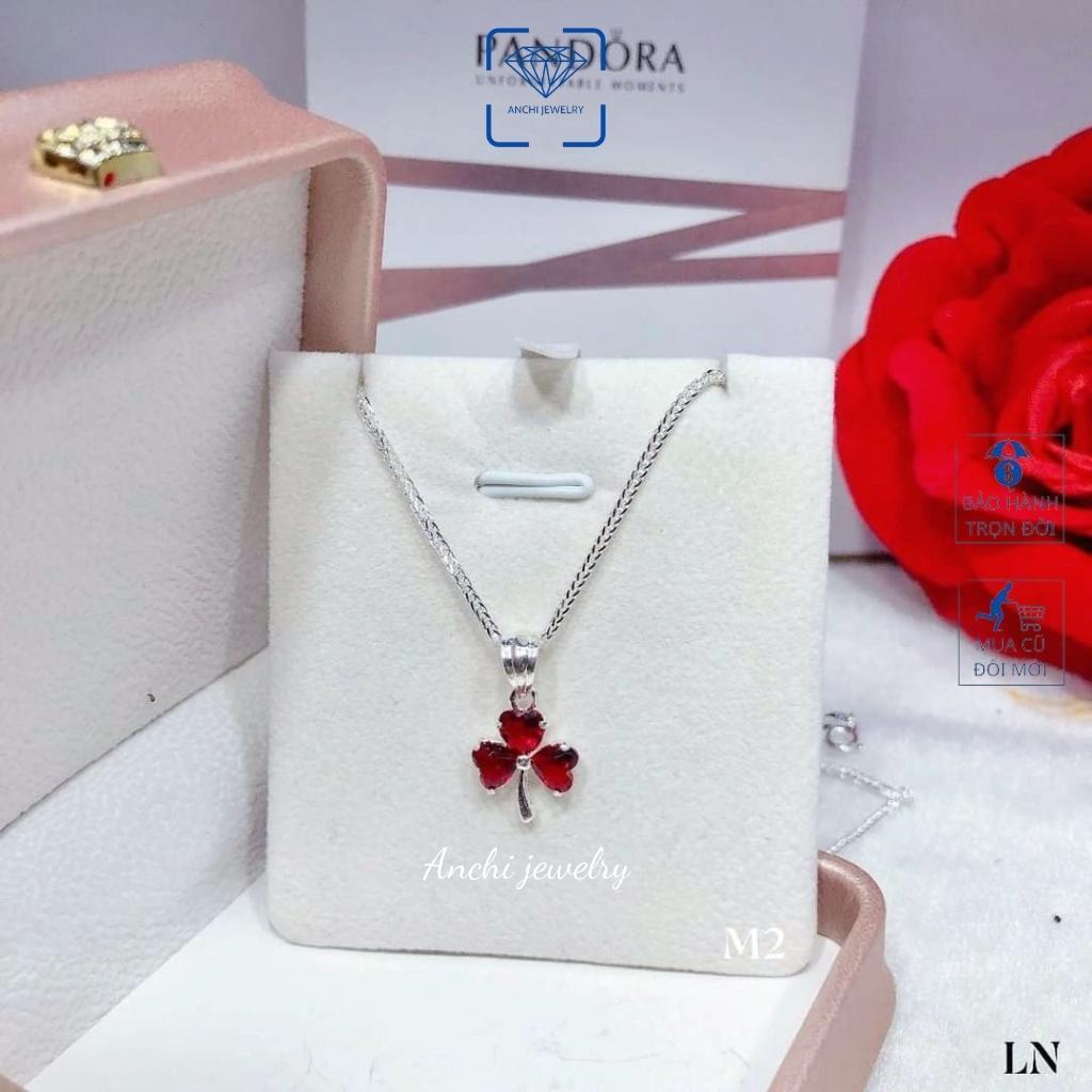 Dây chuyền nữ cỏ 3 lá đính đá nữ bạc thật đeo không đen màu đỏ xanh tím trắng - Anchi jewelry , quà 8 3