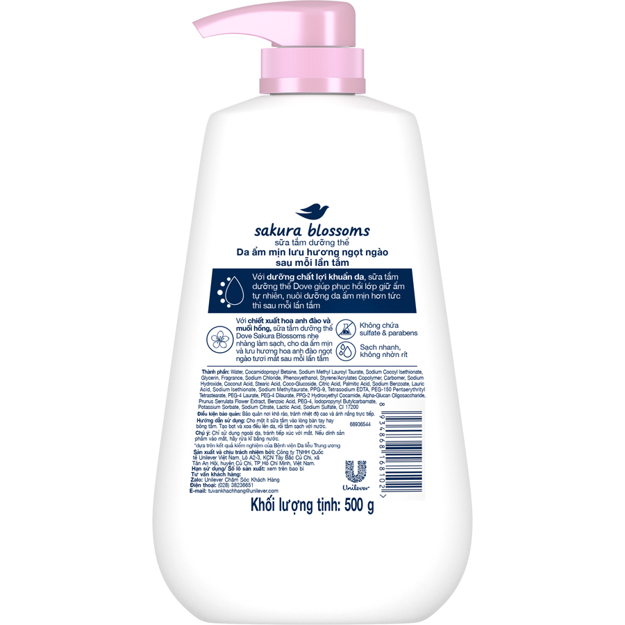 Sữa tắm dưỡng thể Dove Sakura Blossoms Da mềm mịn hương hoa với hương hoa anh đào & muối hồng 500g