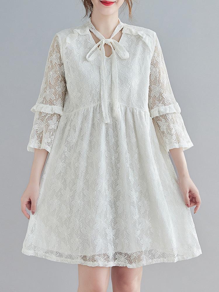 Women Floral Lace Dress 3/4 Flared Sleeves V Neck Ruffles A-line Plus Size Holiday Boho Casual Dress White