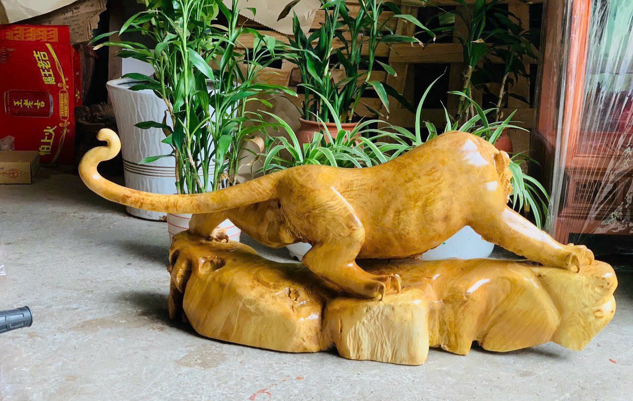 Tượng con hổ chúa tể sơn lâm phong thủy bằng gỗ nu khao kt 98×40×25cm