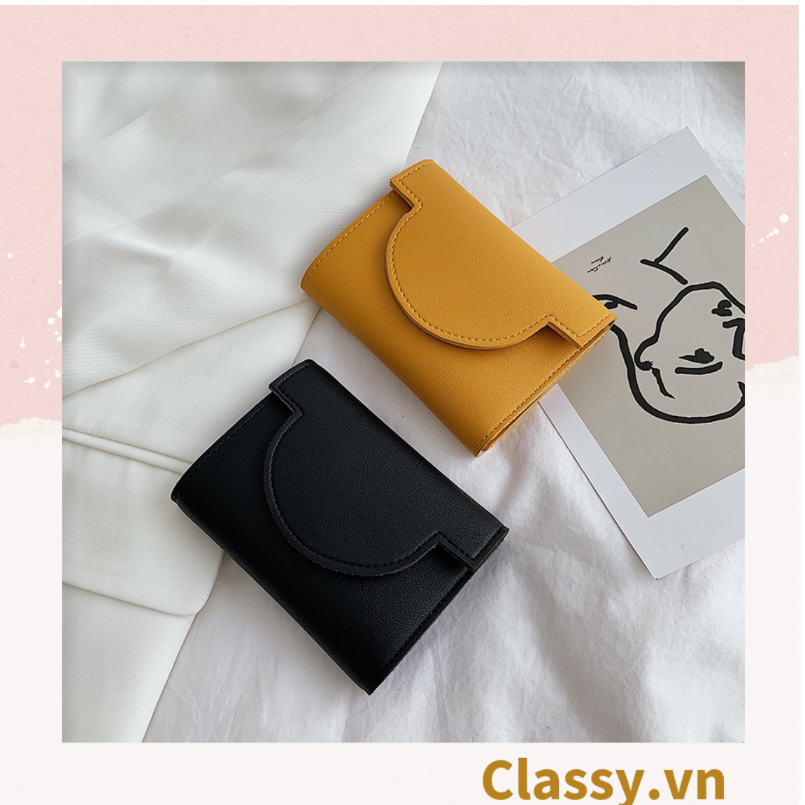 Ví nữ ngắn dạng gập màu trơn, nhiều ngăn đựng thẻ, có nút bấm T1308