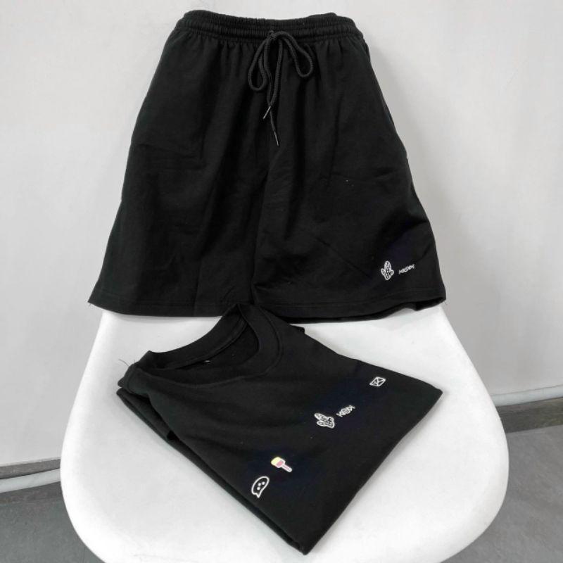 Bộ mặc nhà unisex nam nữ in chữ phối màu,set đùi kèm áo phông tay lỡ form rộng đi chơi đi học đều được