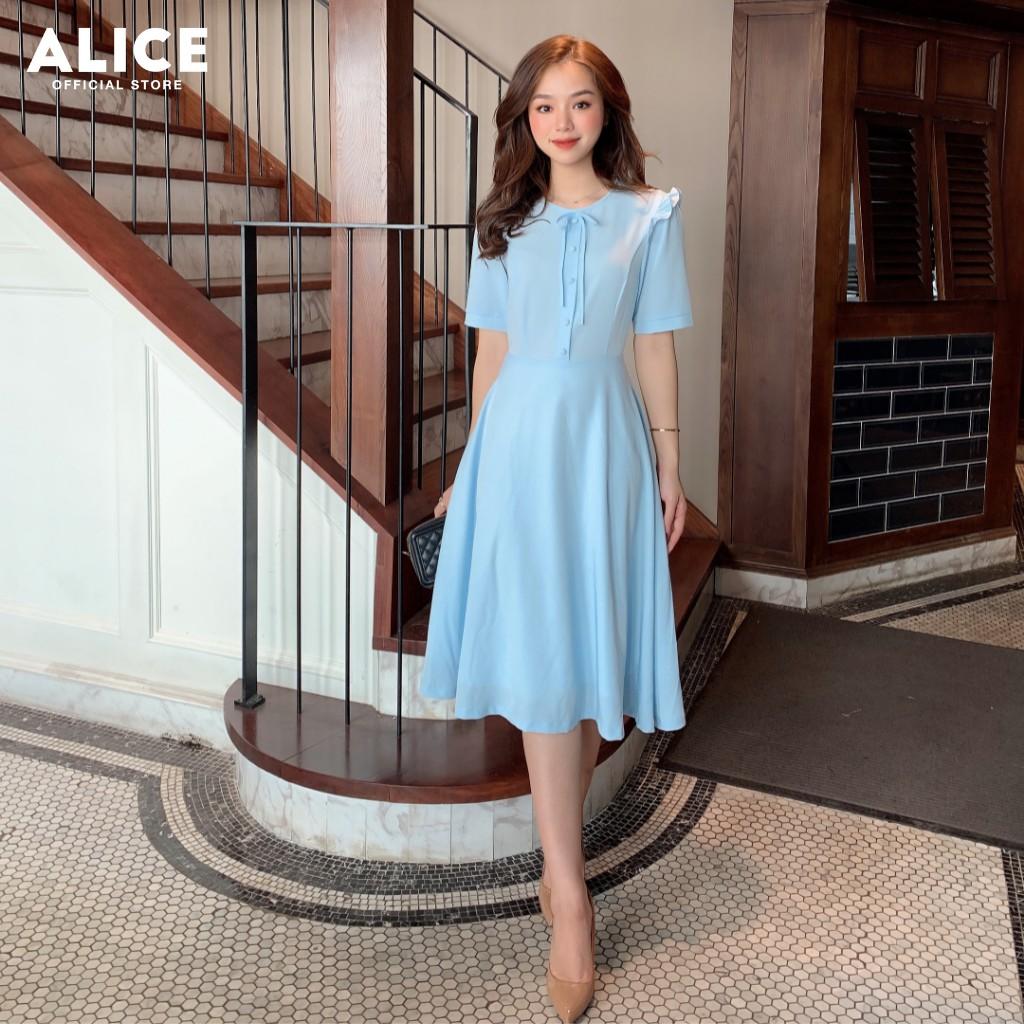 Váy Nữ Công Sở Dẹp ALICE Thiết Kế Dáng Xòe Tay Ngằn Bèo Vai Phối Nơ Ngực Cúc Bọc V274