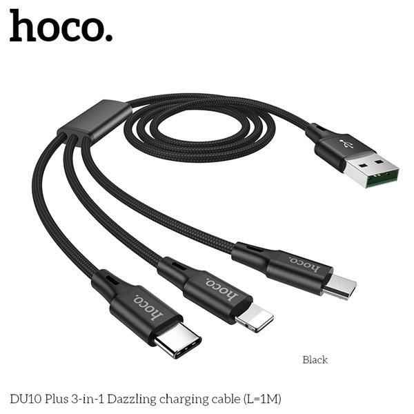 ️SẠC NHANH️ Cáp Sạc 3 Đầu Hoco sạc nhanh 3.0A - DU10Plus - Bọc dù bền bỉ - Sạc nhanh tất cả các dòng điện thoại - Hàng Chính Hãng