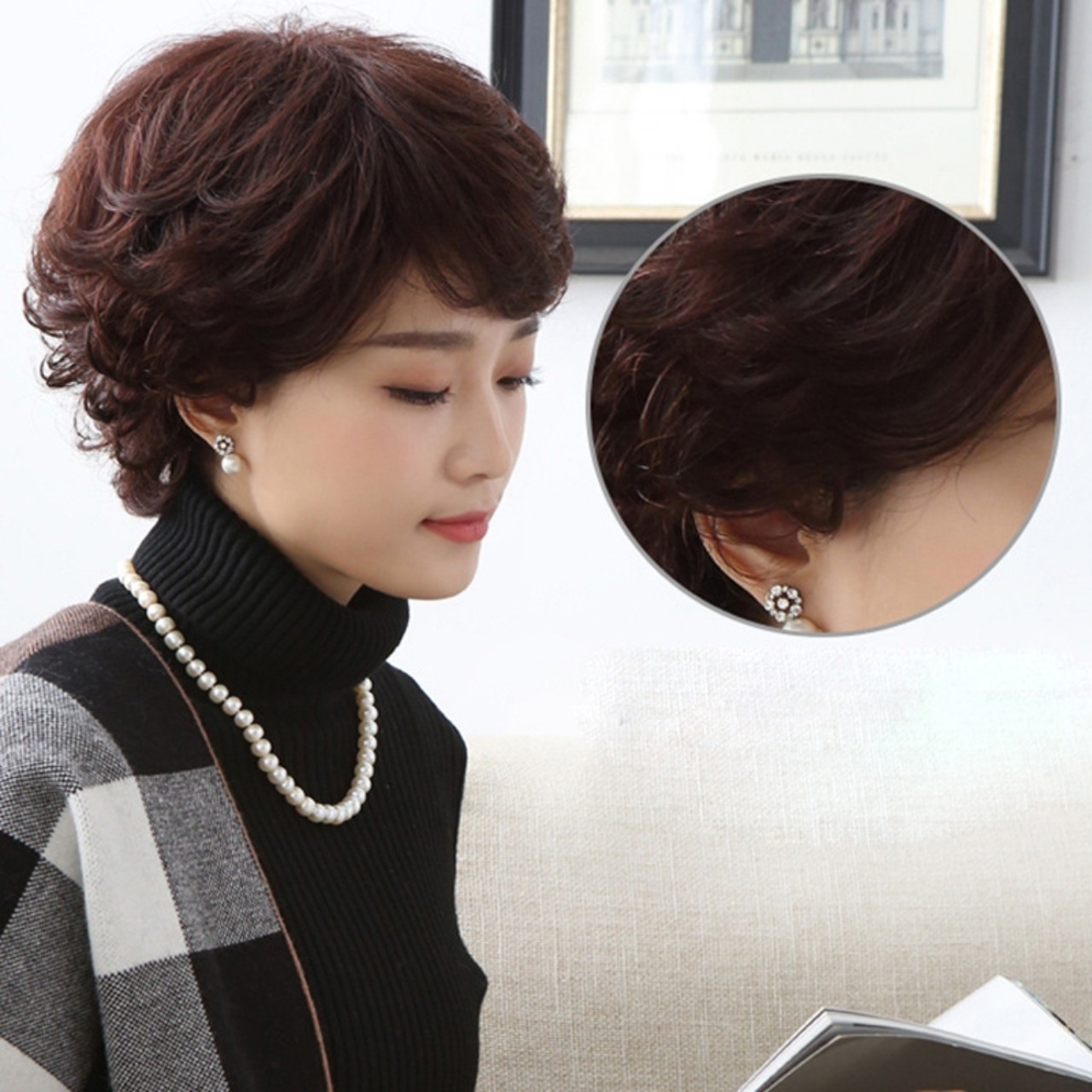 Tóc giả nữ nguyên đầu cho người trung niên, tóc giả cao cấp cho người lớn tuổi, tóc giả cho người già, tóc giả Hàn Quốc, tóc giả có rãnh da đầu, tóc giả xoăn, tóc tém