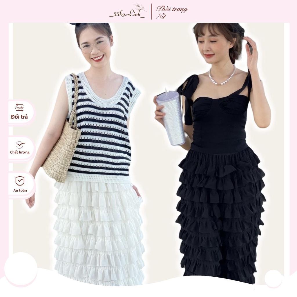 Váy Midi xếp tầng, lưng chun - Váy tầng Freesize