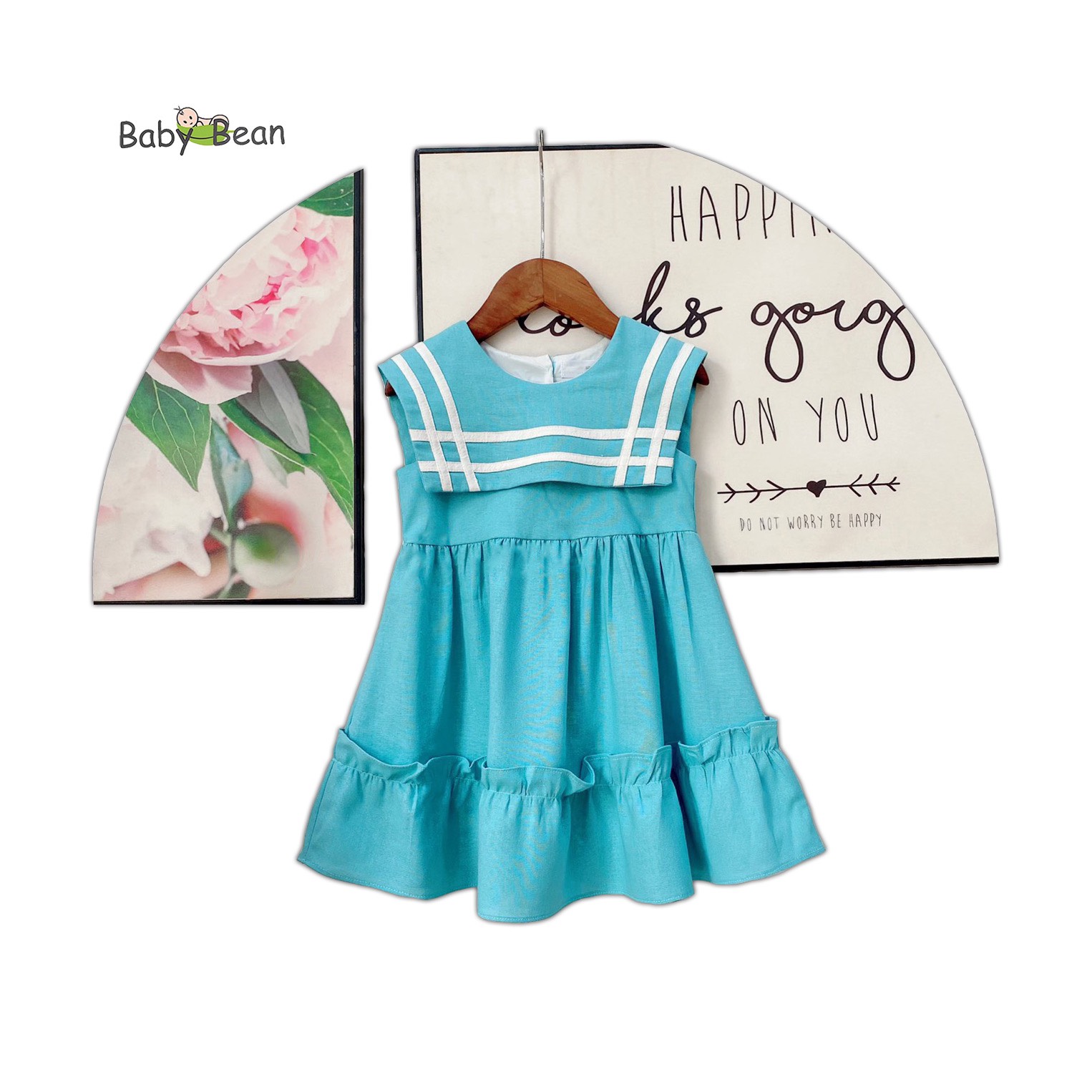 Váy Đầm Linen Cao Cấp Bèo Lai Cổ Thủy Thủ Bé Gái BabyBean