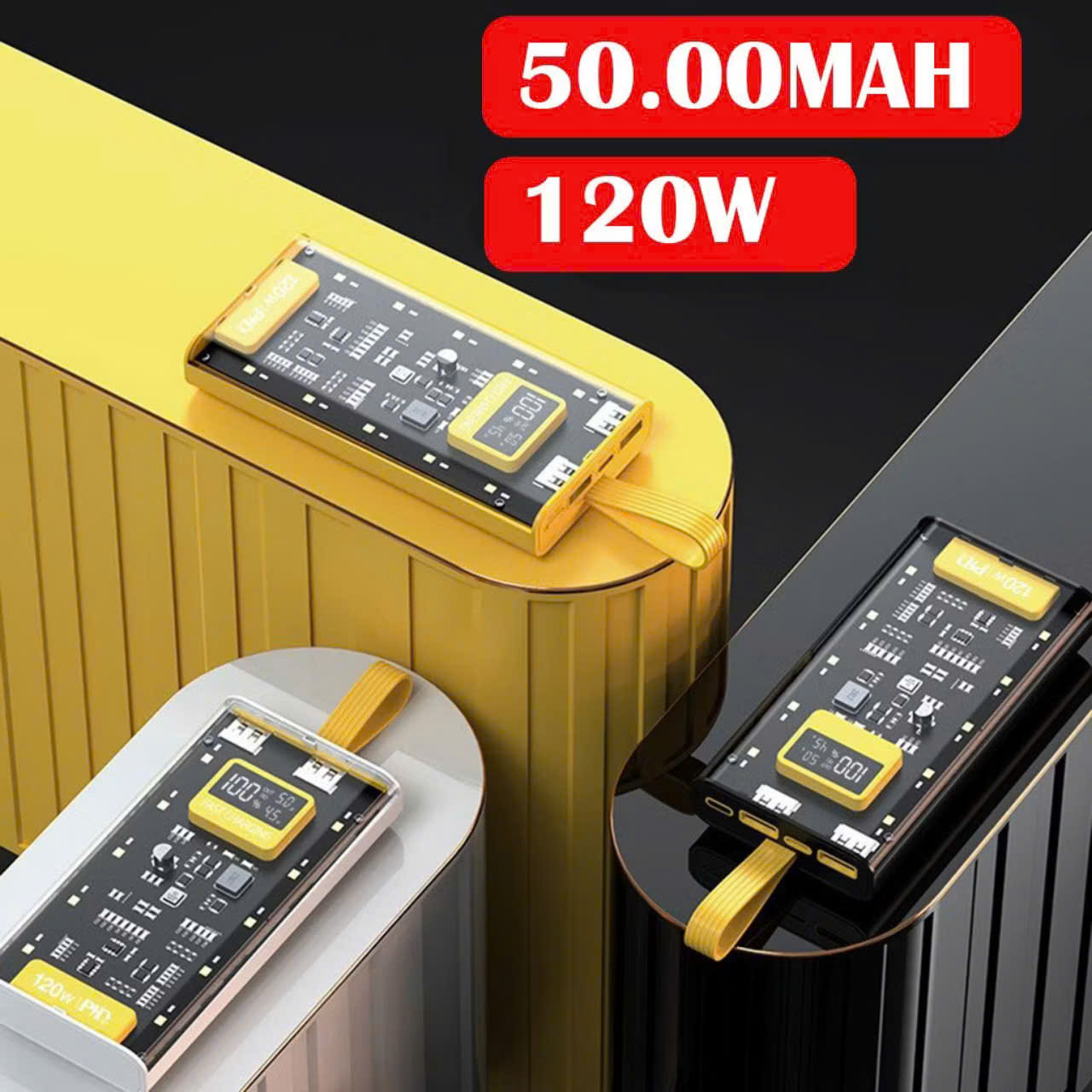Sạc Dự Phòng 50.000MAH Trong Suốt kèm cáp sạc nhanh 4 đầu, tích hợp 4 cáp sạc, làm đèn ngủ - FTAKY Hàng Nhập Khẩu