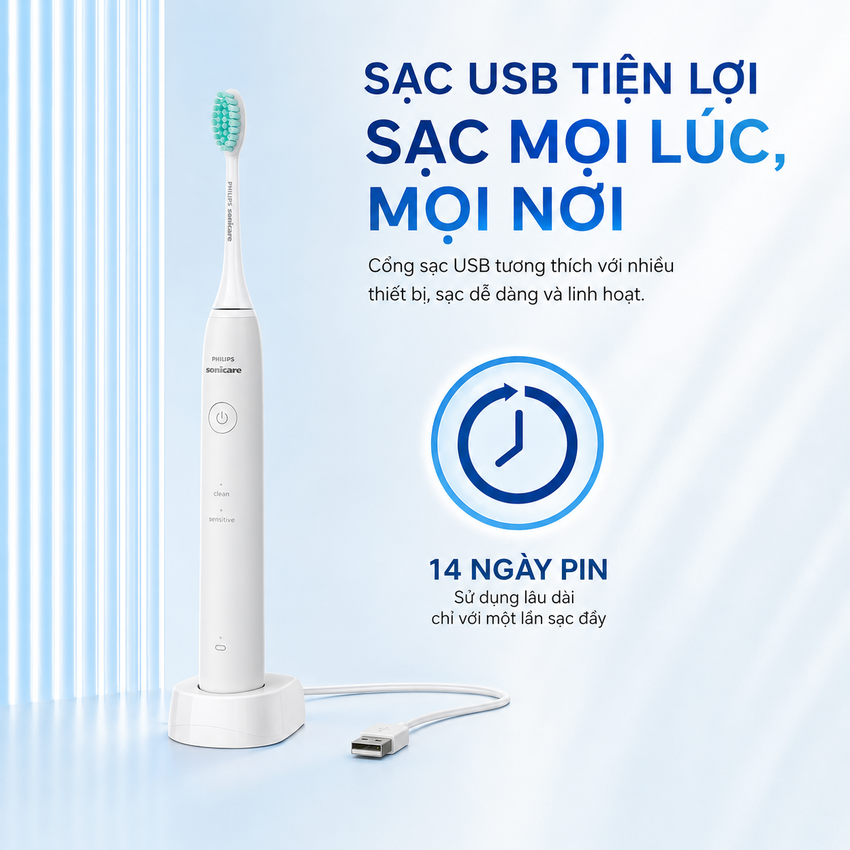 Bàn chải đánh răng điện Philips Sonicare HX2421 tích hợp 2 chế độ làm việc Clean, Sensitive - Hàng Nhập Khẩu