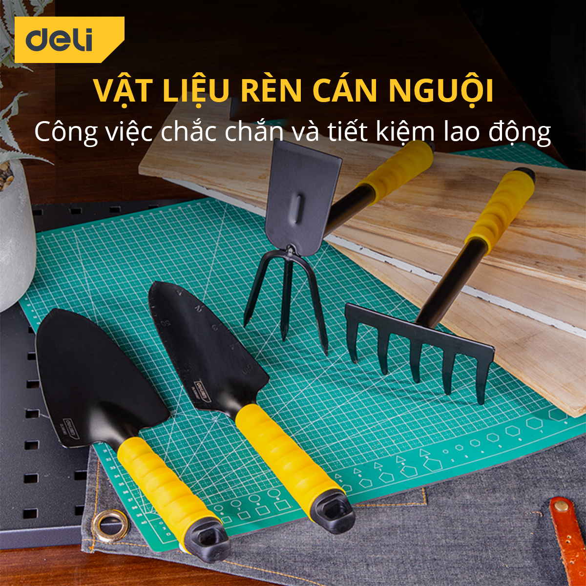 Bộ Dụng Cụ Làm Vườn Deli 4 Chi Tiết Tiện Dụng - Xẻng, Quốc, Cào Đa Năng - Chất Liệu Cao Cấp, Chắc Chắn, An Toàn DL580804