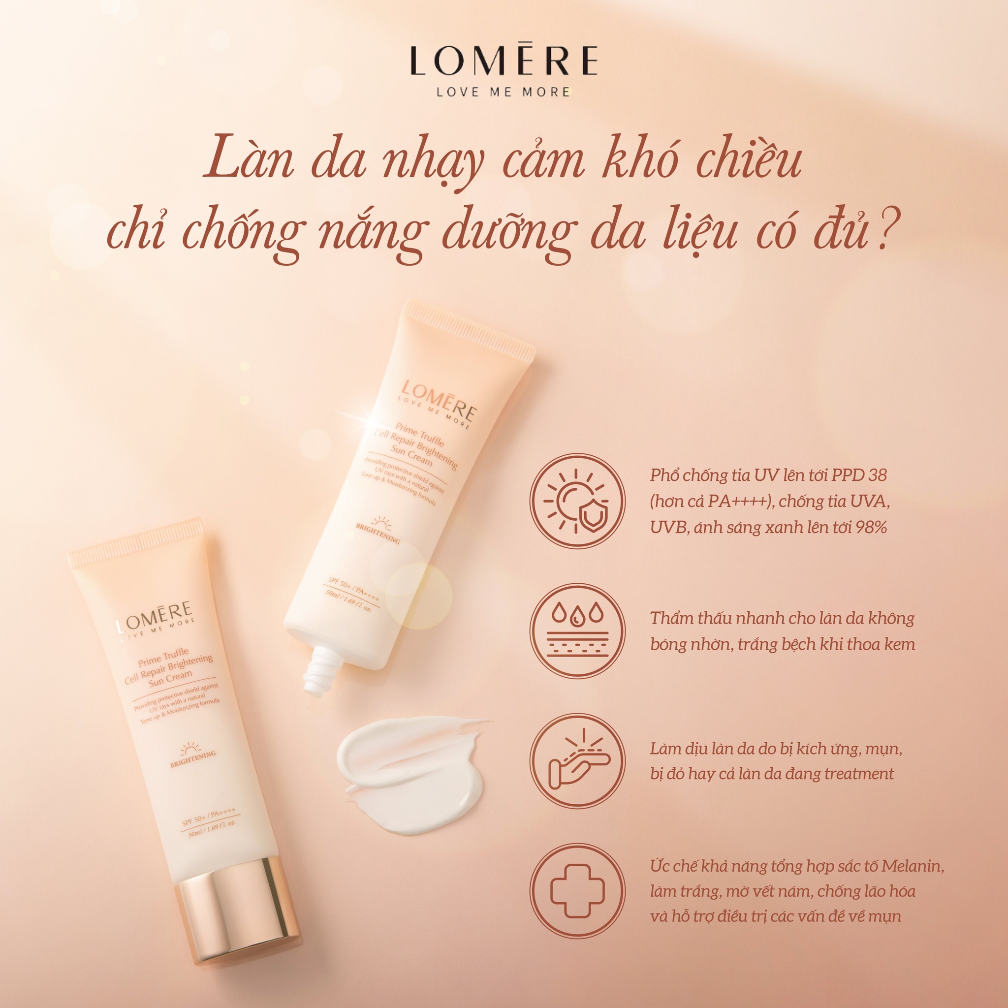 Kem chống nắng trắng da, chống nhăn, phổ rộng Lomere Prime Truffle Briggtening Sun Cream SPF 50 PA +++++ Hàn Quốc 50ml