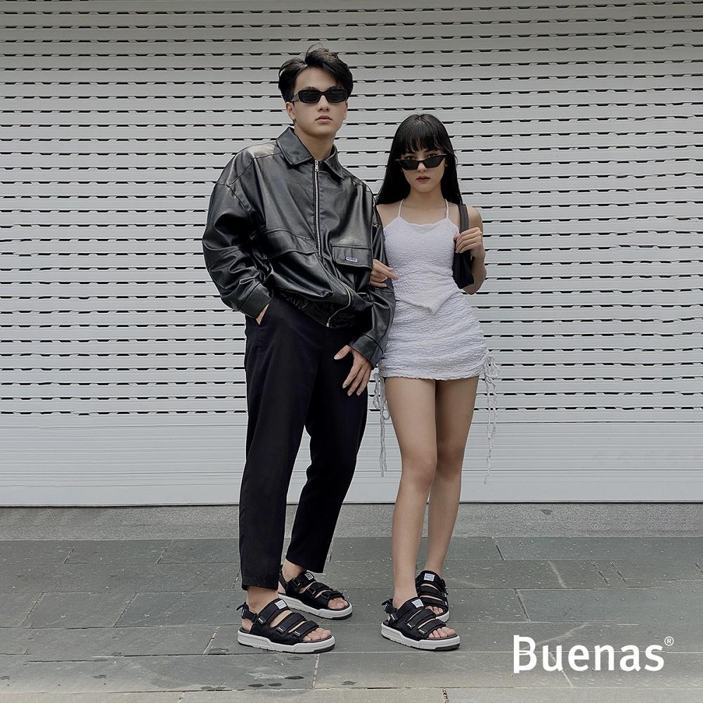 Giày sandal nam nữ unisex đi học quai ngang Buenas Sport 6879 đen ghi đế cao 3 phân