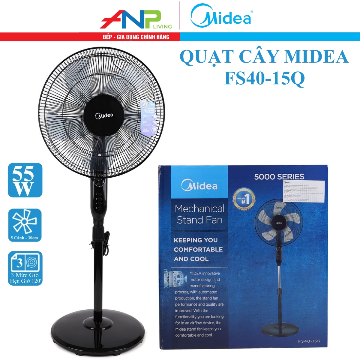 Quạt Đứng, Quạt Cây 5 Cánh Midea FS40-15Q (Quạt Điện Công Suất 55W, Chỉnh Gió 3 Tốc Độ, Có Chức Năng Hẹn Giờ)