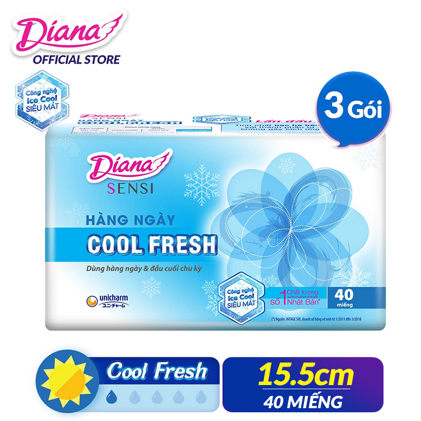 Bộ 3 Gói Băng Vệ Sinh Diana Hàng Ngày Sensi Cool Fresh (40 Miếng/Gói) Tặng Ví Hologram