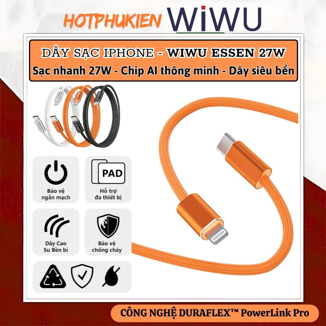 Dây cáp sạc nhanh PD 27W USB-C to Lightning công nghệ DURAFLEX PowerLink Pro dài 150cm WIWU ESSEN cho iPhone/ iPad - Sạc nhiệt độ thấp, Chip thông minh, Dây bện siêu bền, Chống rối + dây buộc gọn - Hàng nhập khẩu