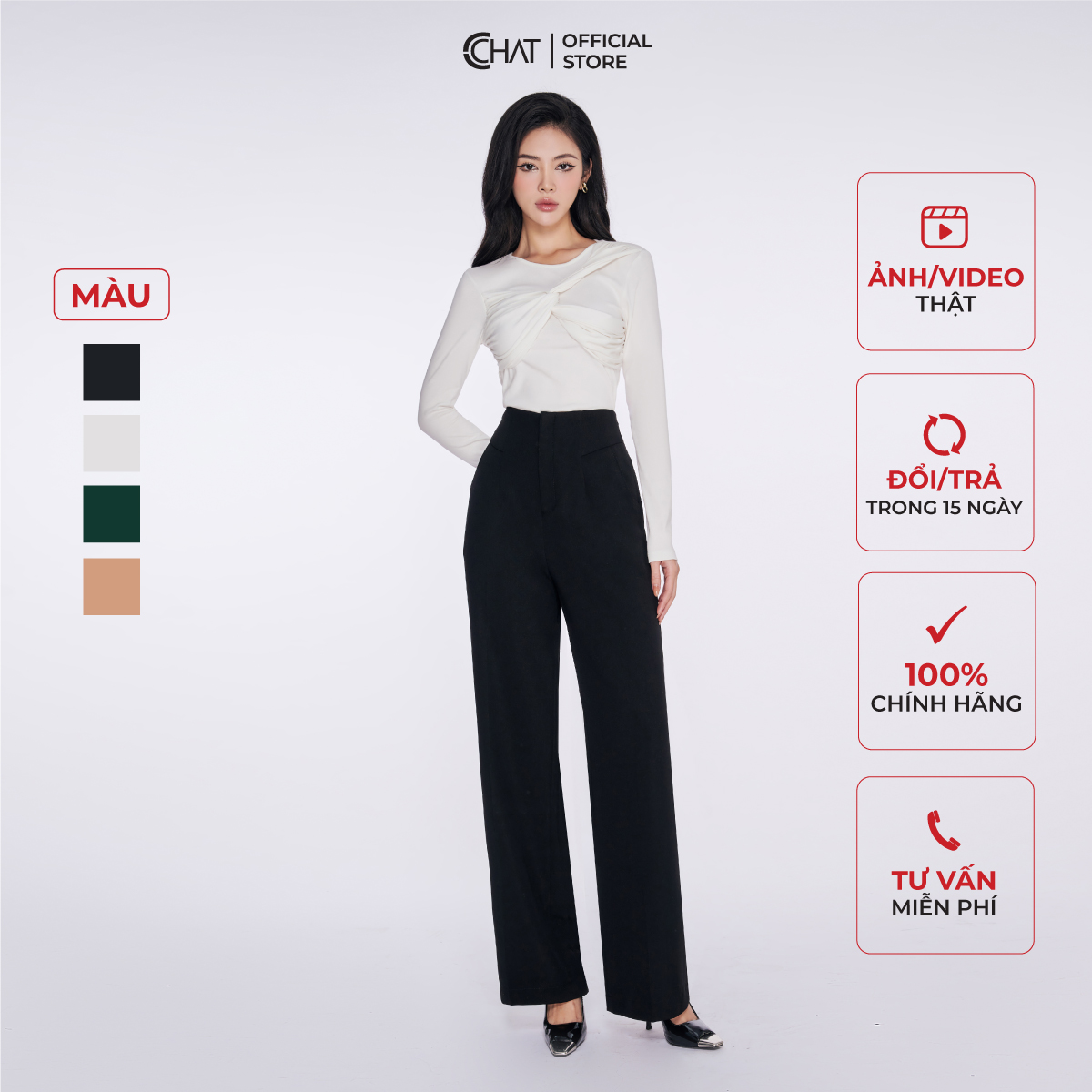 Quần Ống Rộng Dáng Suông Cạp Liền Chất Tuytsi Phong Cách Thanh Lịch 22QDS2032ST
