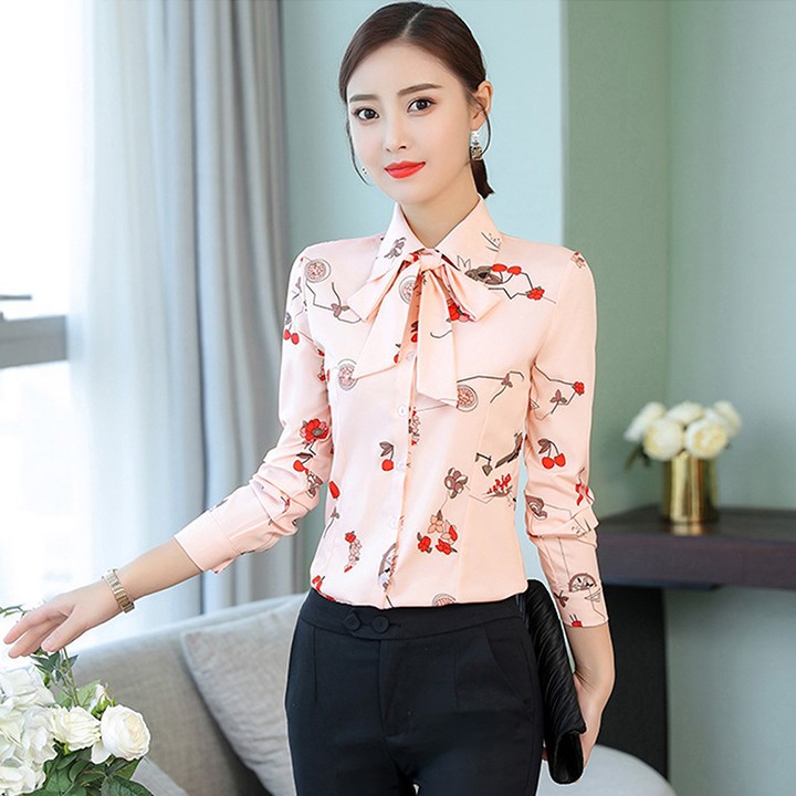 Áo Sơ Mi Nữ Công Sở Thắt Nơ Cổ Nữ Tính Hoạt Tiết Chấm Bi Và Cherry