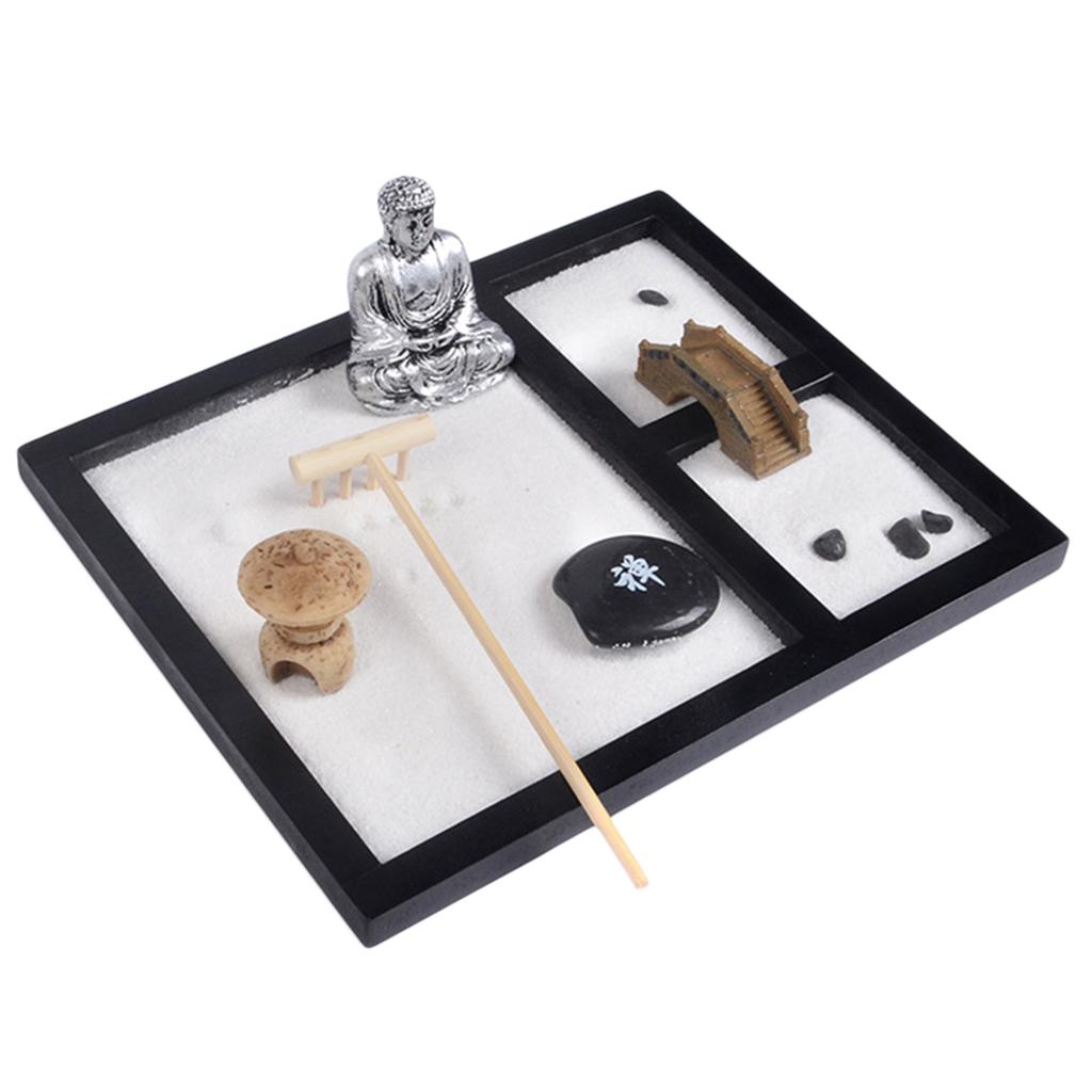Miniature Zen Garden Sand Box Tray for Relaxation Meditation Silver Buddha