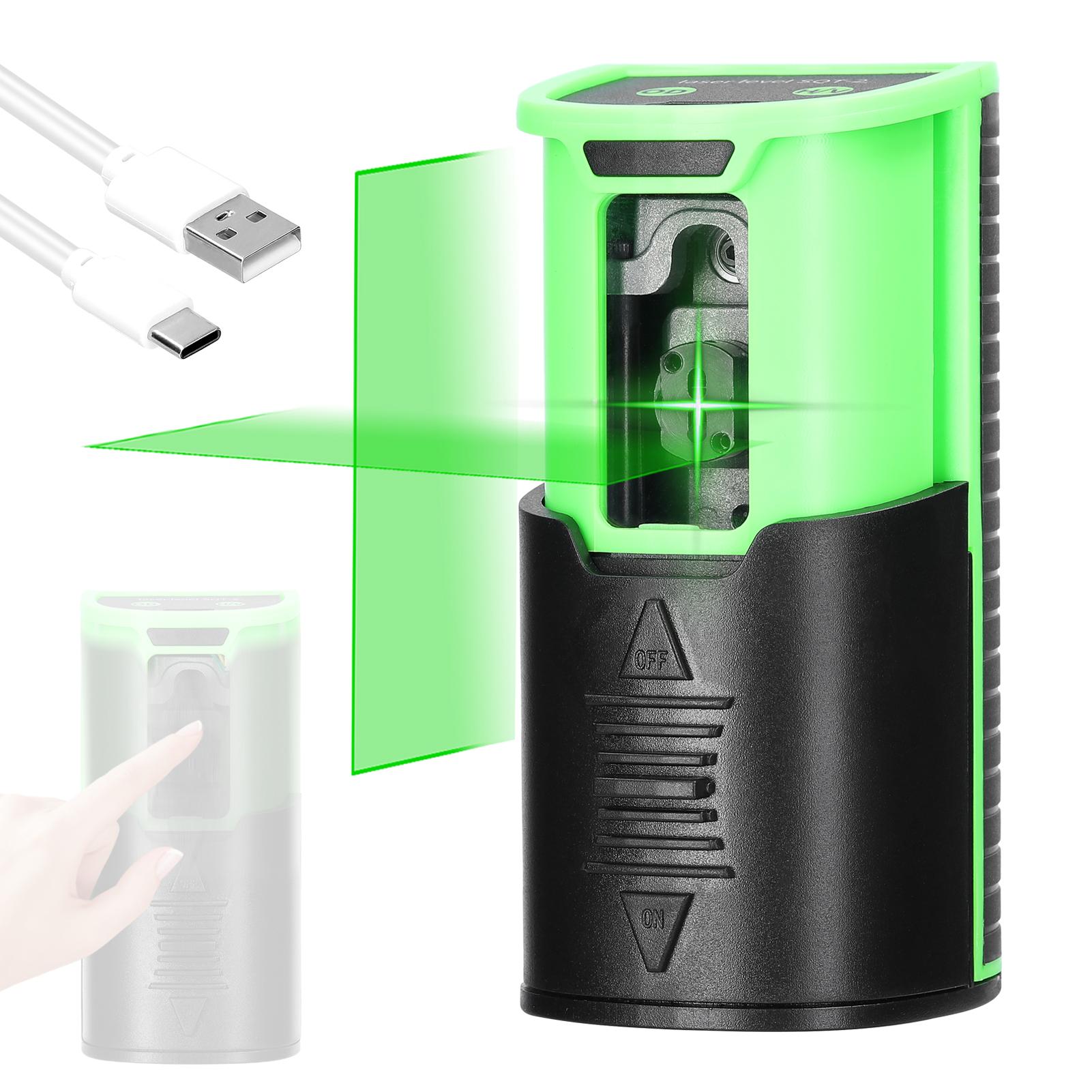 Single-Module Rechargeable Level Machine Mini Green Light 2 Lines Laser Level Home Multifunctional Level Meter Three Levels of Laser Light Brightness Adjustable with Anti-Drop Slide Cover Switch and Level Bubble