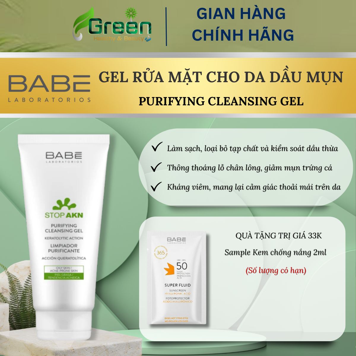 Gel rửa mặt BABE Stop AKN Purifying Cleansing Gel (100ml)