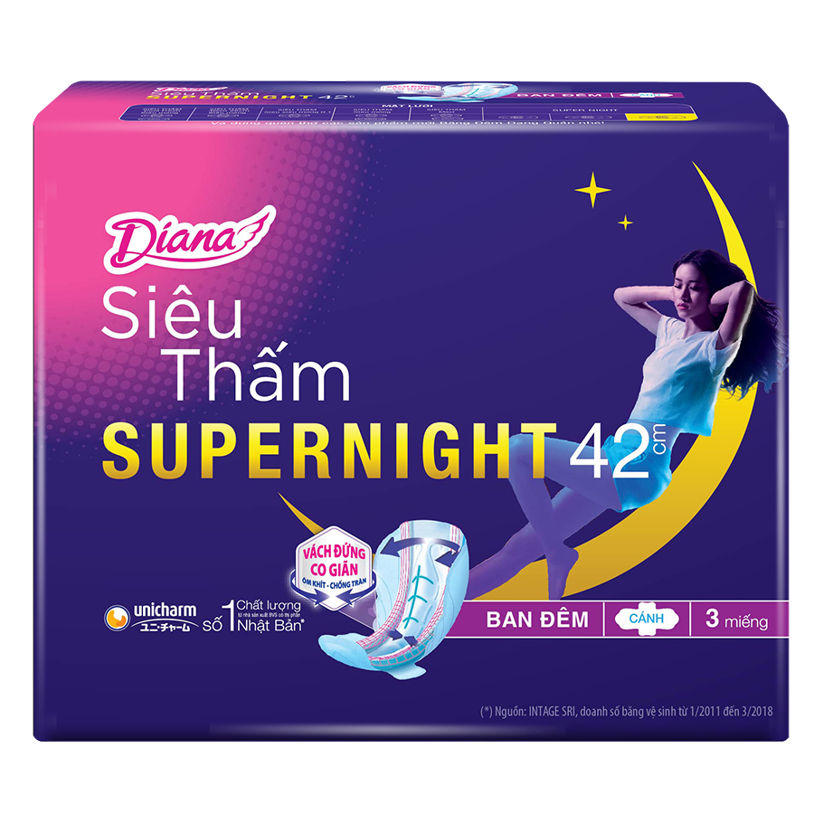 Combo 6 Băng Vệ Sinh Diana Super Night Có Cánh 42cm (Gói 3 Miếng)