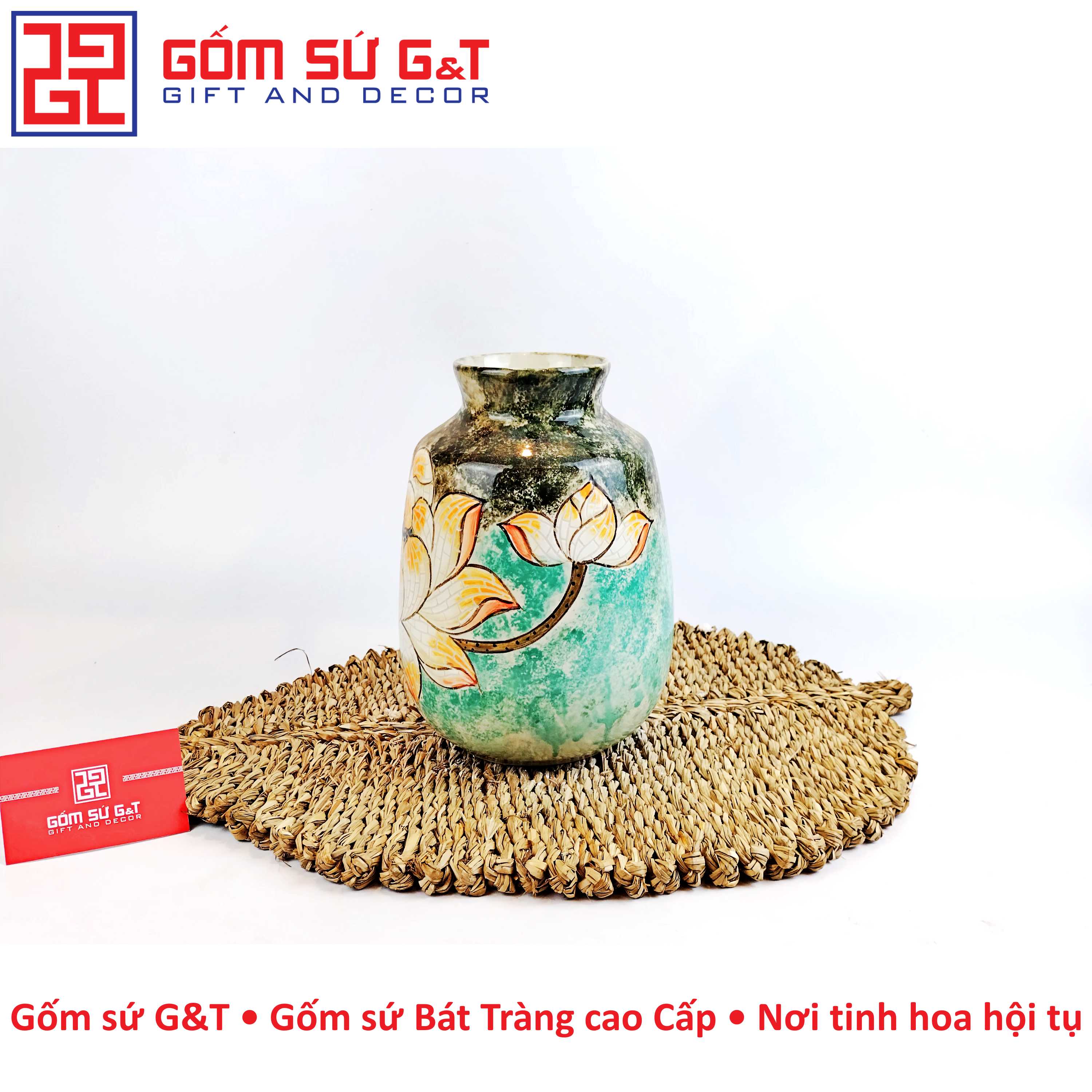 Lọ hoa vai vuông vẽ sen Gốm Sứ G&amp;T