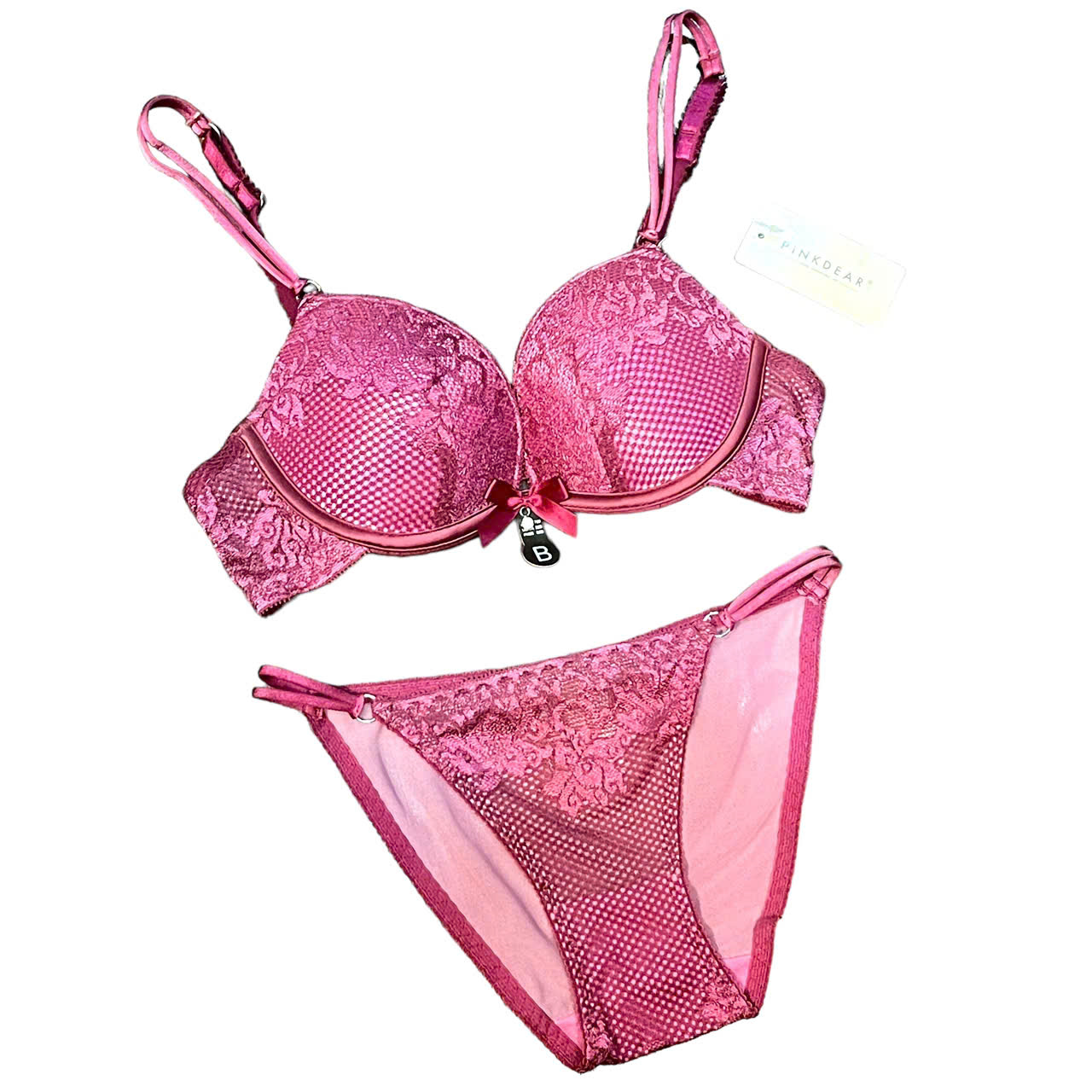 Bộ đồ lót Pink Dear ren mút mỏng đính nơ quần lưới nửa mông dây mảnh gợi cảm