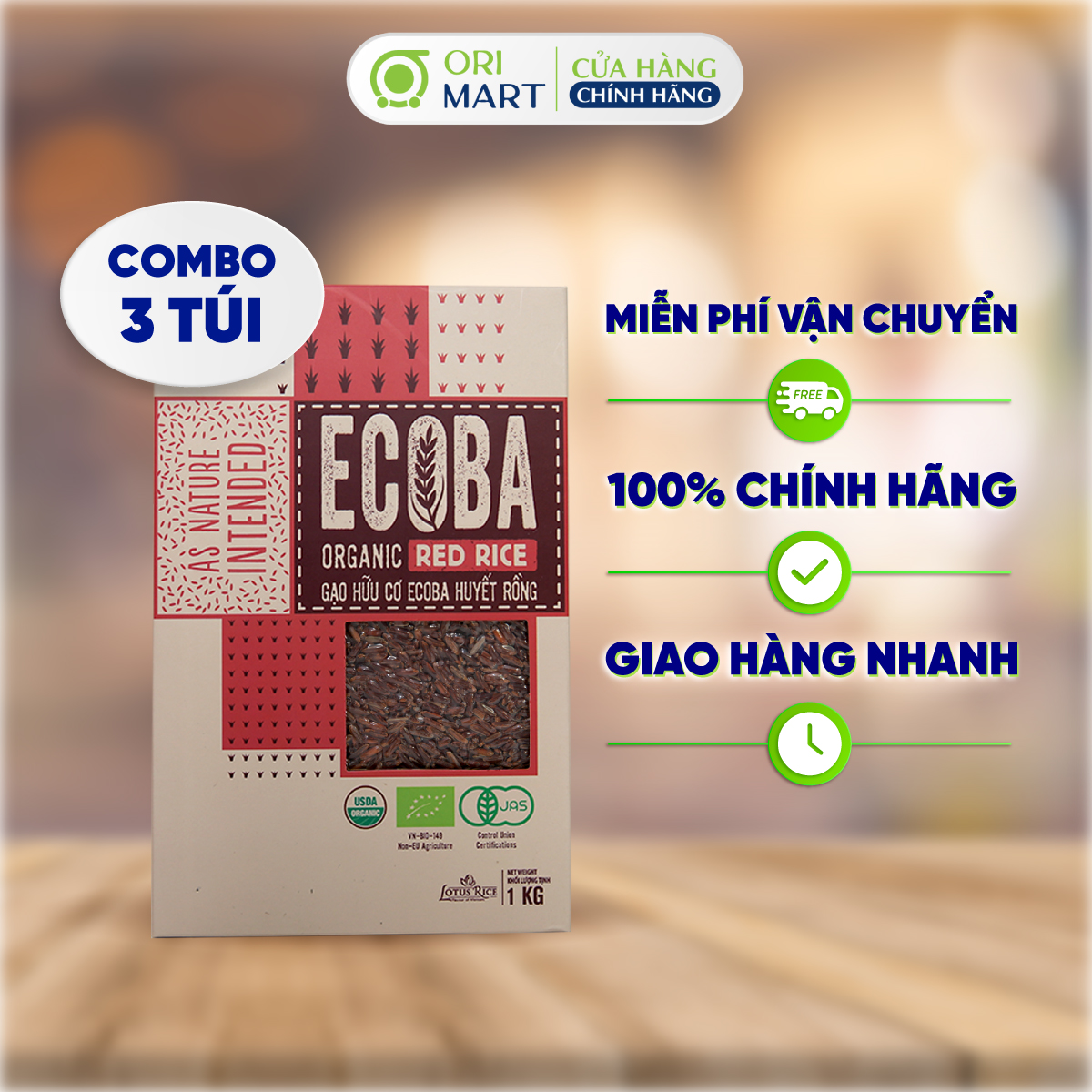 Combo 3 Gạo Lứt Đỏ Hữu Cơ Ecoba Huyết Rồng Tốt Cho Người Ăn Kiêng Đảm Bảo Dưỡng Chất Túi 1Kg Orimart