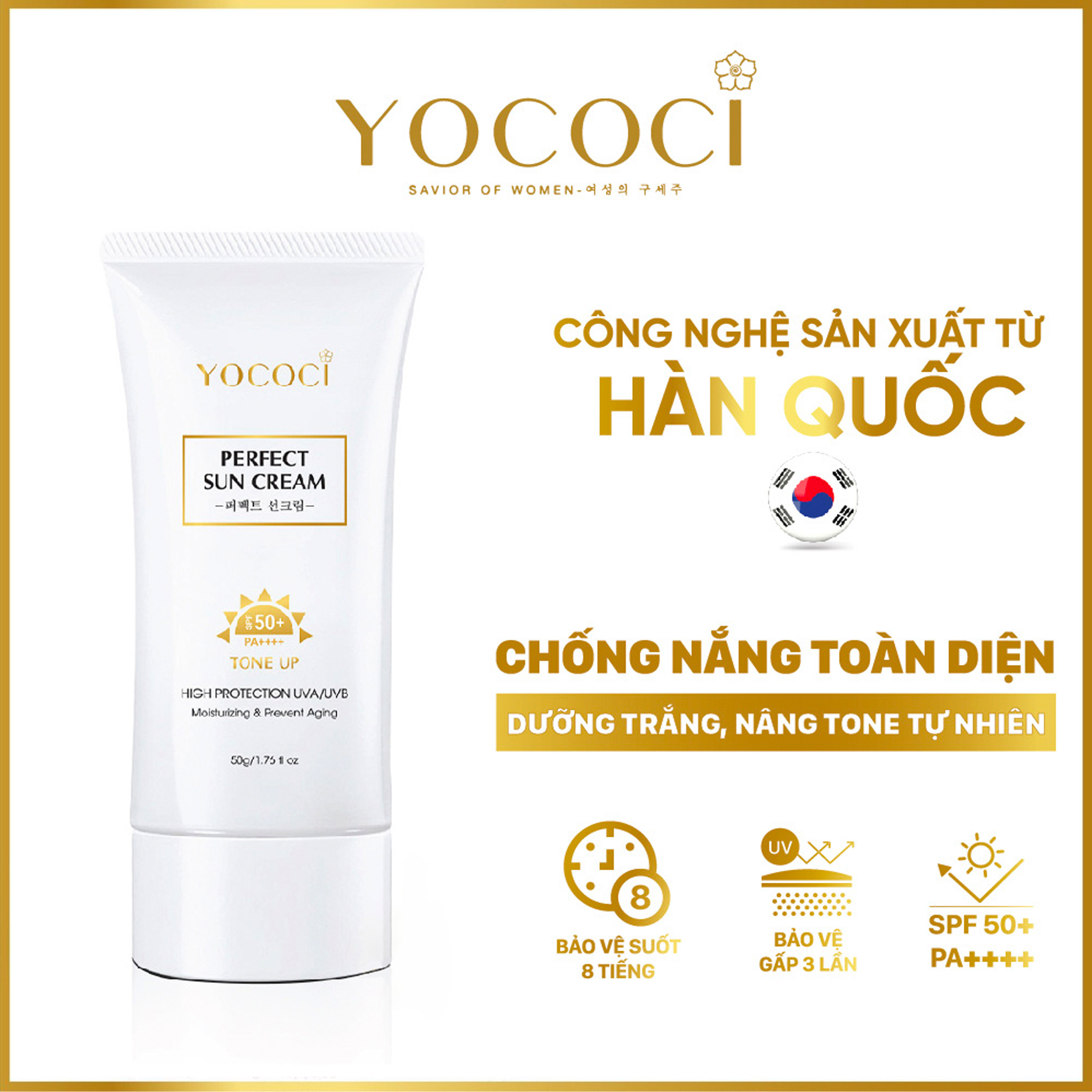 Kem chống nắng Yococi giúp ngăn tia UVA/UVB, nâng tone lâu trôi Perfect Sun Cream SPF50+ PA++++ 50g