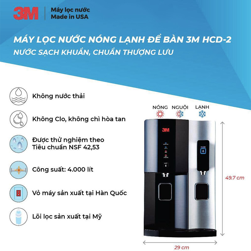 Máy Lọc Nước Nóng Lạnh Để Bàn 3M HCD-2 Cao Cấp, Công Nghệ Bảo Vệ Kép 3M Với Đèn UV, Nhập Khẩu Mỹ - Hàng Chính Hãng 3M