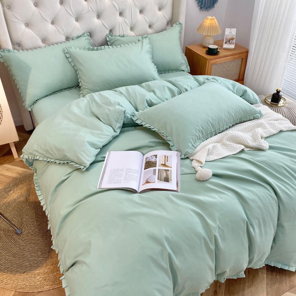 Bộ chăn ga gối Cotton Tici phối bèo M2T bedding, vỏ chăn mền, drap giường và 2 vỏ gối