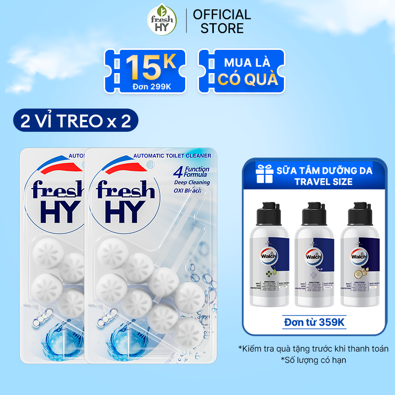 Combo 2 Viên Tẩy Bồn Cầu Fresh HY 350 Lần Xả, Làm Sạch Khuẩn &amp; Ngăn Ngừa Mảng Bám, Khử Mùi Và Lưu Hương Thơm Mát (2 Vỉ Treo X2)