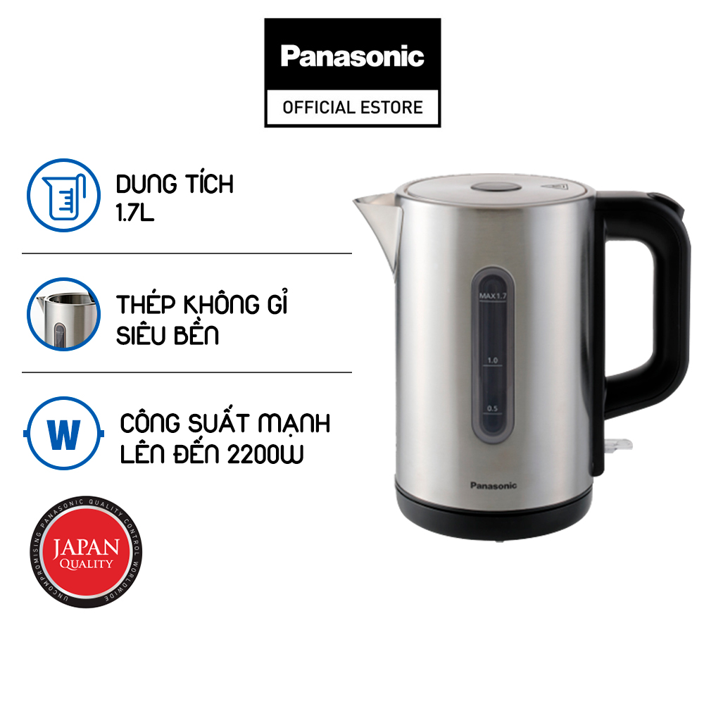 Ấm đun siêu tốc Panasonic NC-K301SRA - 1.7L - Thép không gỉ siêu bền - Công suất mạnh lên đến 2200W - Hàng chính hãng