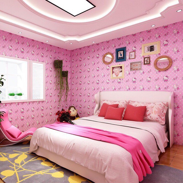 Bộ 10 Tấm Xốp Dán Tường Hoạt Hình Kitty Màu Hồng Dễ Thương, Kích Thước 70cm x 77cm