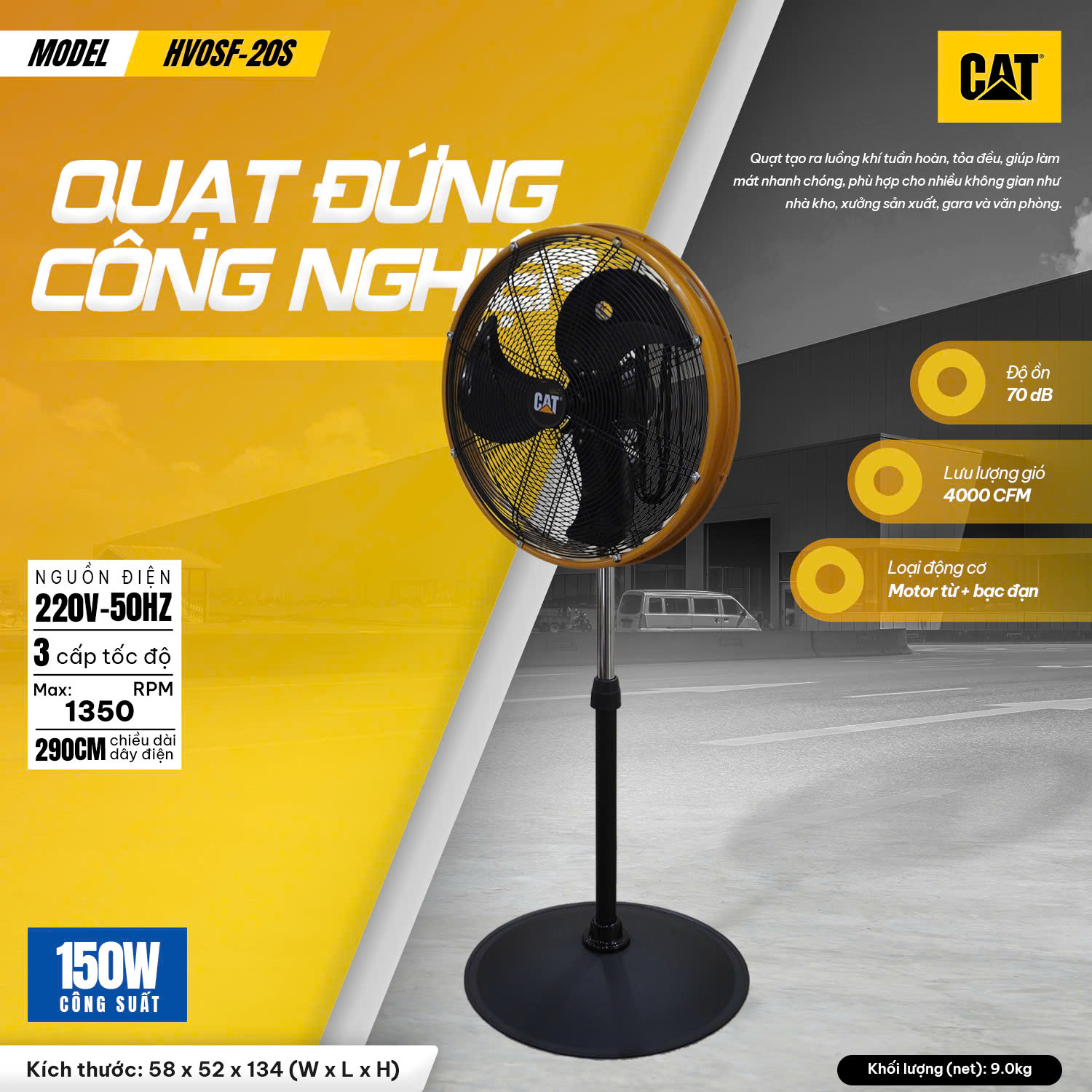 Quạt đứng công nghiệp Caterpillar HVOSF-20S 20inch Làm mát hiệu quả cho xưởng sản xuất, nhà kho - Hàng chính hãng
