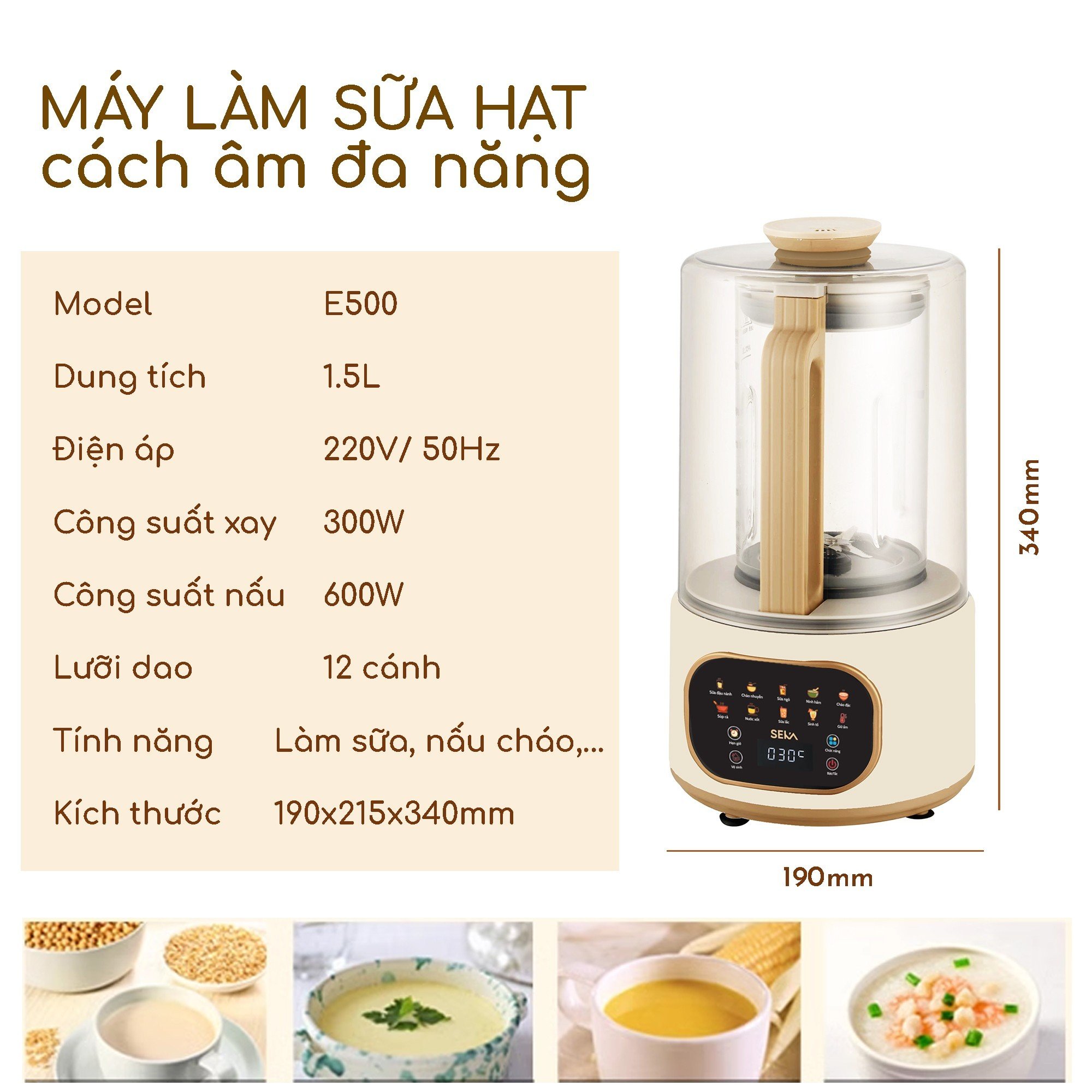 Máy Làm Sữa Hạt Cao Cấp SEKA E500 Chống Ồn, Chống Trào, Dung Tích 1.5L,10 Chức Năng - Hàng Chính Hãng