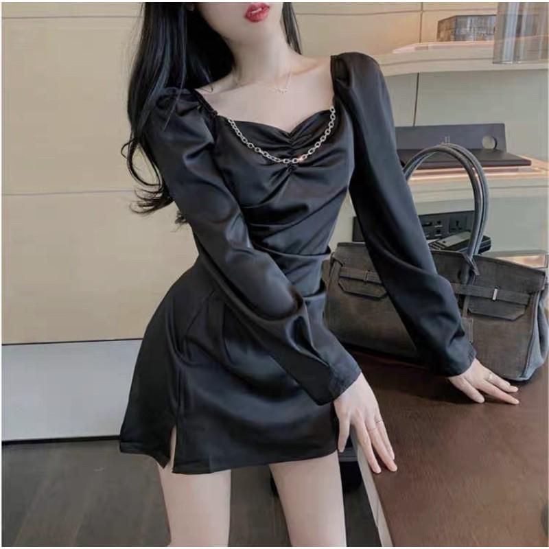 Đầm dáng chữ A nhún eo tay dài phối xích tháo rời